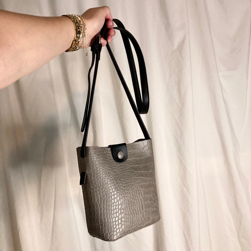 K. Carroll Harper Crossbody Bucket Bag Gray Croc Embossed Vegan Leather Purse